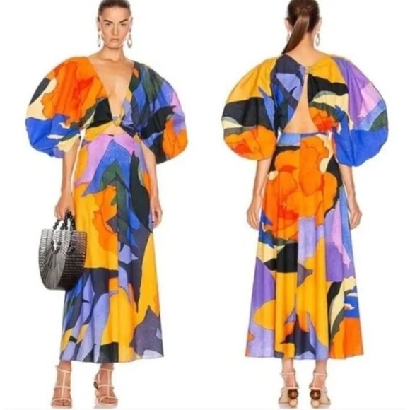 Mara Hoffman Leila Cutout Puff Sleeve Open Back Watercolor Maxi Dress Size 2 - Picture 1 of 14